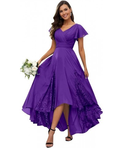 Tea Length Mother of The Bride Dresses with Sleeves Long Chiffon Lace Appliques Bridesmaid Dress Purple $30.00 Dresses