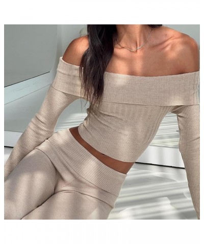 Women Y2K Off Shoulder Knit Top Sexy Long Sleeve Ribbed Pullover Sweater Fall Winter Solid Slim Fit Knit Jumper Foldover Beig...