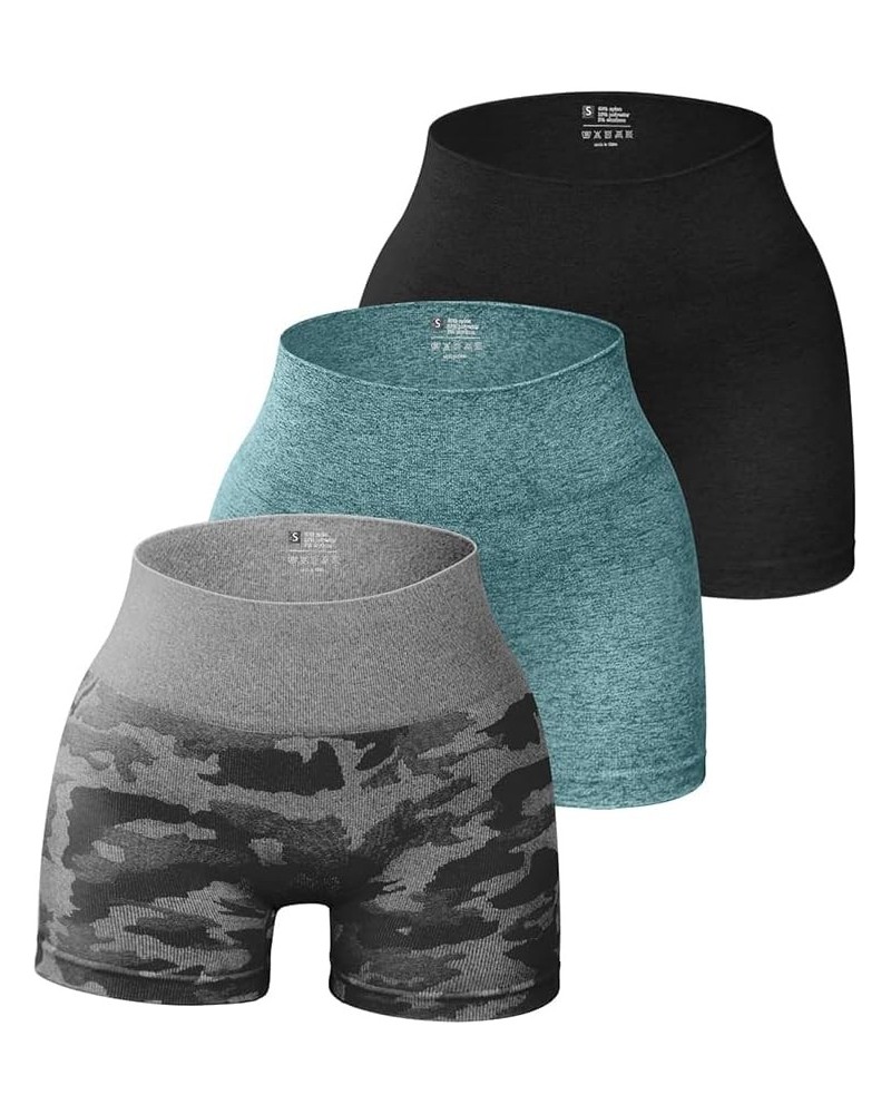 3 Piece for Women Yoga Shorts Workout Athletic Seamless High Wasit Gym Leggings Black Darkgreen Greycamouflage $17.02 Activewear