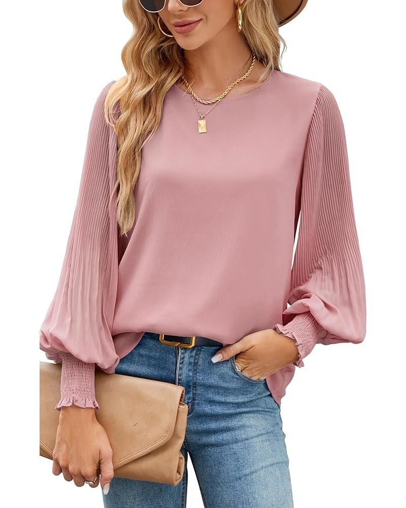 Womens Tops Dressy Casual Crew Neck Pleated Lantern Long Sleeve Work Shirts Chiffon Blouses Fashion 2024 Dark Pink $13.74 Blo...