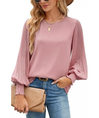 Womens Tops Dressy Casual Crew Neck Pleated Lantern Long Sleeve Work Shirts Chiffon Blouses Fashion 2024 Dark Pink $13.74 Blo...