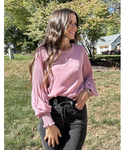 Womens Tops Dressy Casual Crew Neck Pleated Lantern Long Sleeve Work Shirts Chiffon Blouses Fashion 2024 Dark Pink $13.74 Blo...