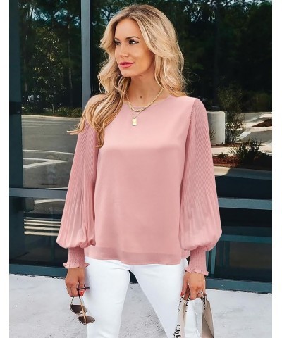 Womens Tops Dressy Casual Crew Neck Pleated Lantern Long Sleeve Work Shirts Chiffon Blouses Fashion 2024 Dark Pink $13.74 Blo...