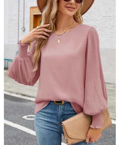 Womens Tops Dressy Casual Crew Neck Pleated Lantern Long Sleeve Work Shirts Chiffon Blouses Fashion 2024 Dark Pink $13.74 Blo...