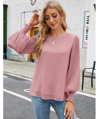 Womens Tops Dressy Casual Crew Neck Pleated Lantern Long Sleeve Work Shirts Chiffon Blouses Fashion 2024 Dark Pink $13.74 Blo...