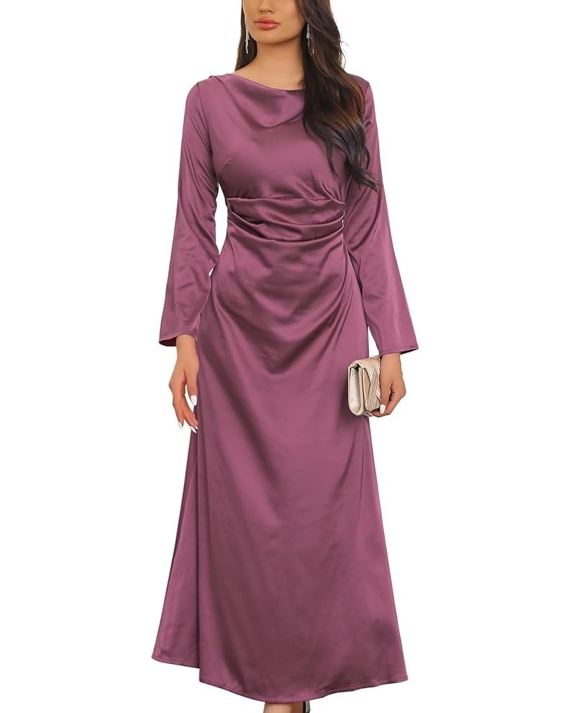 Womens Satin Long Sleeve Cowl Back Midi Dress Elastic Ruched Waist Wedding Cocktail Party A-Line Dresses 94purple $17.22 Dresses