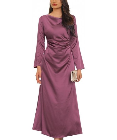 Womens Satin Long Sleeve Cowl Back Midi Dress Elastic Ruched Waist Wedding Cocktail Party A-Line Dresses 94purple $17.22 Dresses