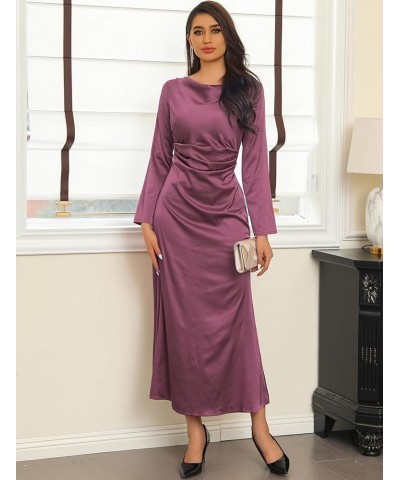 Womens Satin Long Sleeve Cowl Back Midi Dress Elastic Ruched Waist Wedding Cocktail Party A-Line Dresses 94purple $17.22 Dresses