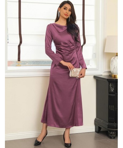 Womens Satin Long Sleeve Cowl Back Midi Dress Elastic Ruched Waist Wedding Cocktail Party A-Line Dresses 94purple $17.22 Dresses