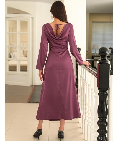 Womens Satin Long Sleeve Cowl Back Midi Dress Elastic Ruched Waist Wedding Cocktail Party A-Line Dresses 94purple $17.22 Dresses