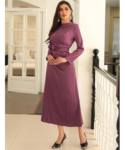 Womens Satin Long Sleeve Cowl Back Midi Dress Elastic Ruched Waist Wedding Cocktail Party A-Line Dresses 94purple $17.22 Dresses