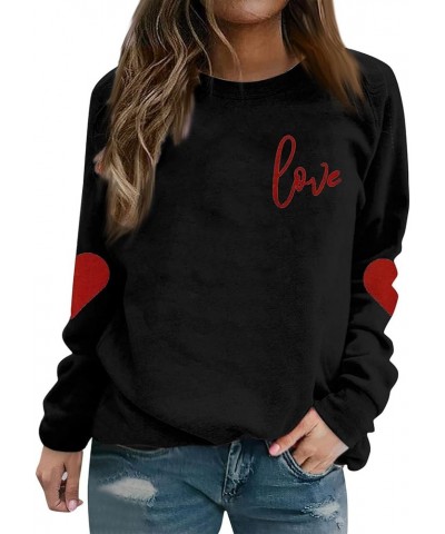 Women Valentine's Day Sweatshirts Round Neck Blouses Love Heart Graphic Pullover Tops Printed Casual Long Sleeve Shirts 3-bla...