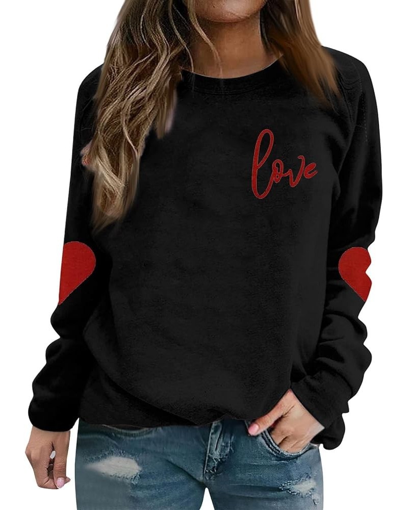 Women Valentine's Day Sweatshirts Round Neck Blouses Love Heart Graphic Pullover Tops Printed Casual Long Sleeve Shirts 3-bla...