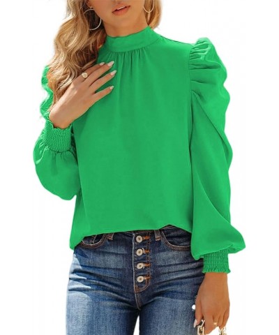 Women's Leopard Printed Ruffle Hem Mock Neck Puff Sleeve Blouse Top Green-nn $12.04 Blouses