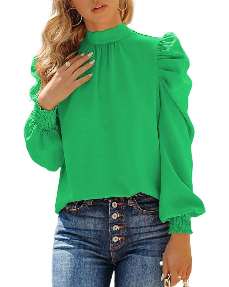 Women's Leopard Printed Ruffle Hem Mock Neck Puff Sleeve Blouse Top Green-nn $12.04 Blouses