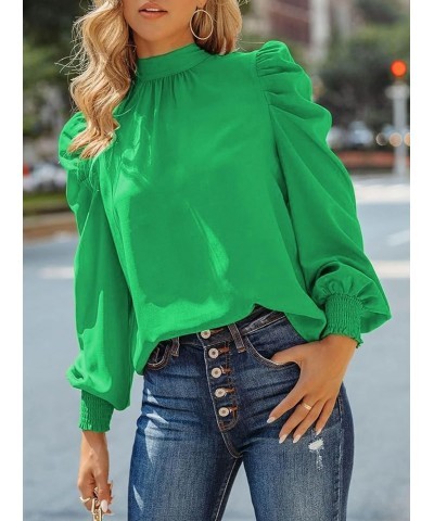 Women's Leopard Printed Ruffle Hem Mock Neck Puff Sleeve Blouse Top Green-nn $12.04 Blouses