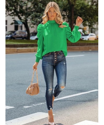 Women's Leopard Printed Ruffle Hem Mock Neck Puff Sleeve Blouse Top Green-nn $12.04 Blouses