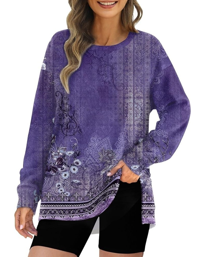 Plus Size Crewneck Tops for Women Long Sleeve Side Split Loose Casual Knit Pullover Sweater Blouse 02-dark Purple $12.69 Acti...