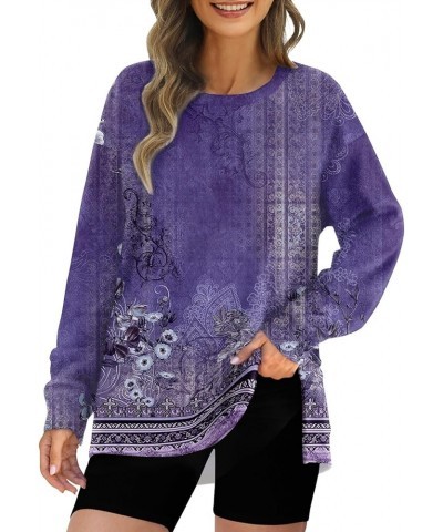 Plus Size Crewneck Tops for Women Long Sleeve Side Split Loose Casual Knit Pullover Sweater Blouse 02-dark Purple $12.69 Acti...