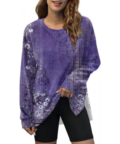 Plus Size Crewneck Tops for Women Long Sleeve Side Split Loose Casual Knit Pullover Sweater Blouse 02-dark Purple $12.69 Acti...