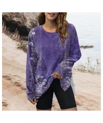 Plus Size Crewneck Tops for Women Long Sleeve Side Split Loose Casual Knit Pullover Sweater Blouse 02-dark Purple $12.69 Acti...