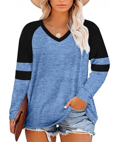 Women's Plus Size Tops Striped Long Sleeve V Neck T Shirts Color Block Casual Tunics Tee Shirt B-blue $14.24 Tops