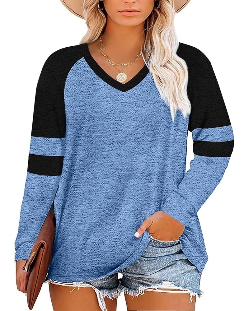 Women's Plus Size Tops Striped Long Sleeve V Neck T Shirts Color Block Casual Tunics Tee Shirt B-blue $14.24 Tops