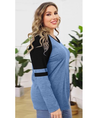 Women's Plus Size Tops Striped Long Sleeve V Neck T Shirts Color Block Casual Tunics Tee Shirt B-blue $14.24 Tops