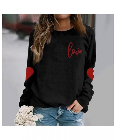 Women Valentine's Day Sweatshirts Round Neck Blouses Love Heart Graphic Pullover Tops Printed Casual Long Sleeve Shirts 3-bla...