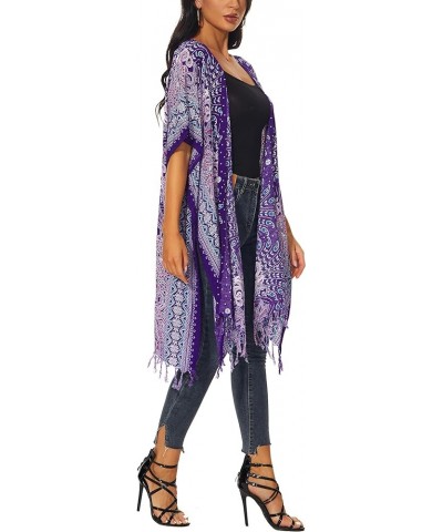 Women HIPPIE Gypsy Boho Printed Kimono Cardigan Shawl Wrap Swimsuit Cover Up Jacket One Size Purple-14617 $24.18 Swimsuits