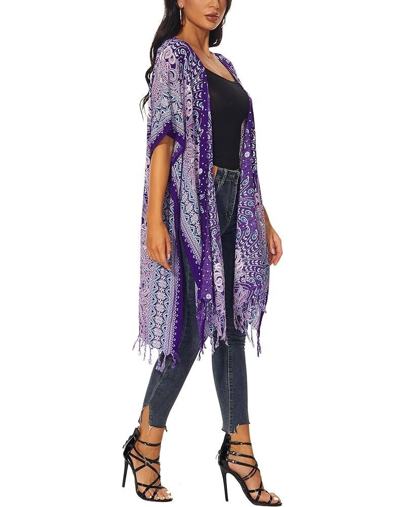 Women HIPPIE Gypsy Boho Printed Kimono Cardigan Shawl Wrap Swimsuit Cover Up Jacket One Size Purple-14617 $24.18 Swimsuits