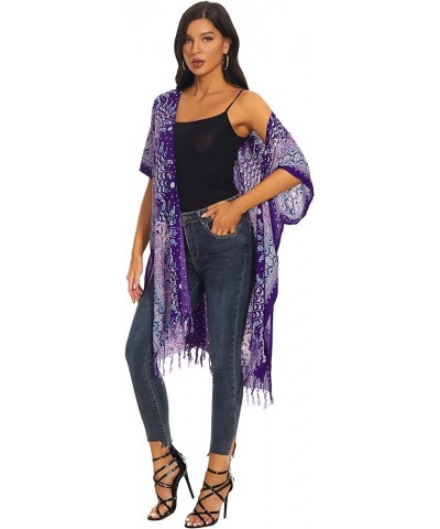 Women HIPPIE Gypsy Boho Printed Kimono Cardigan Shawl Wrap Swimsuit Cover Up Jacket One Size Purple-14617 $24.18 Swimsuits