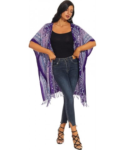 Women HIPPIE Gypsy Boho Printed Kimono Cardigan Shawl Wrap Swimsuit Cover Up Jacket One Size Purple-14617 $24.18 Swimsuits