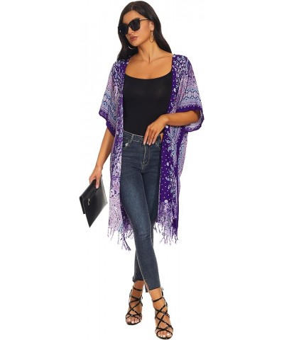 Women HIPPIE Gypsy Boho Printed Kimono Cardigan Shawl Wrap Swimsuit Cover Up Jacket One Size Purple-14617 $24.18 Swimsuits