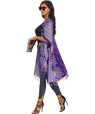 Women HIPPIE Gypsy Boho Printed Kimono Cardigan Shawl Wrap Swimsuit Cover Up Jacket One Size Purple-14617 $24.18 Swimsuits