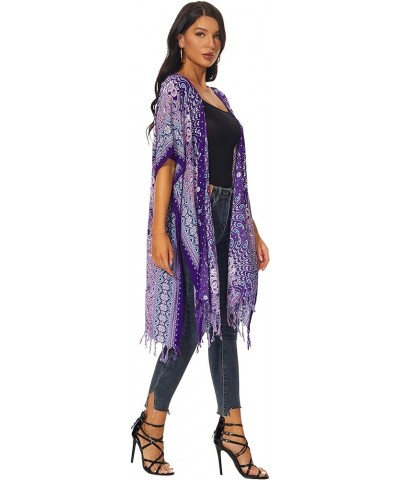 Women HIPPIE Gypsy Boho Printed Kimono Cardigan Shawl Wrap Swimsuit Cover Up Jacket One Size Purple-14617 $24.18 Swimsuits