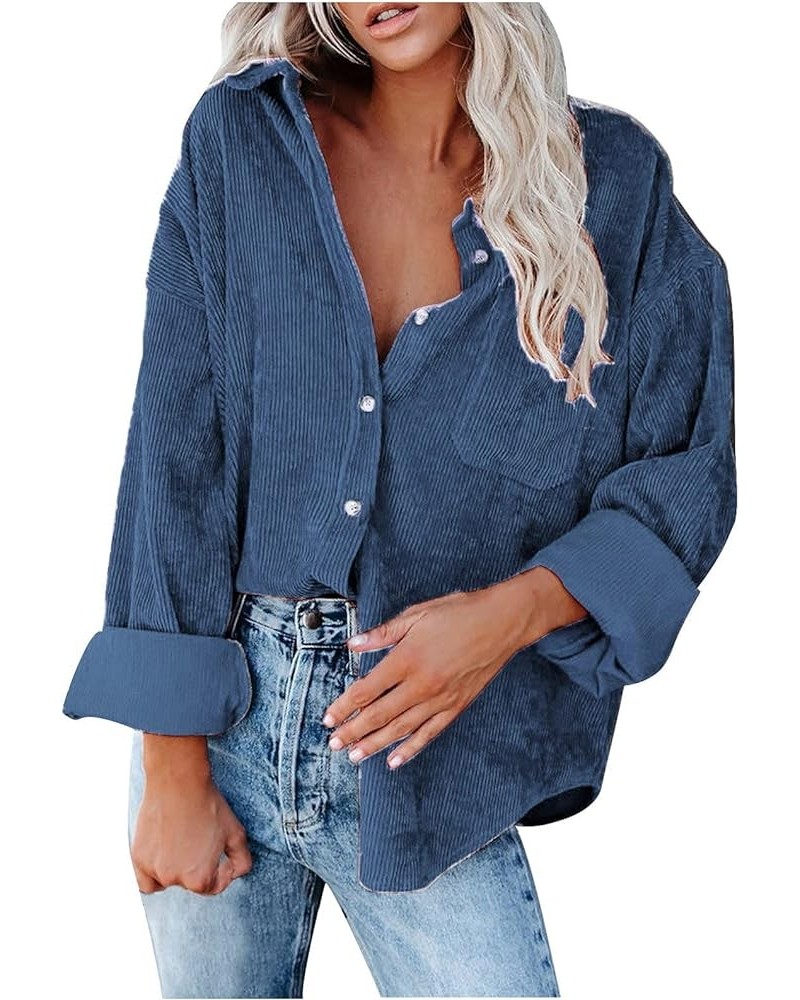 Womens Corduroy Button Down Shirts 2022 Fall Fashion Long Sleeve Loose Jacket Casual Oversized Shacket Blouse Top Blue-01 $9....