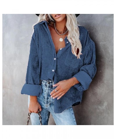 Womens Corduroy Button Down Shirts 2022 Fall Fashion Long Sleeve Loose Jacket Casual Oversized Shacket Blouse Top Blue-01 $9....