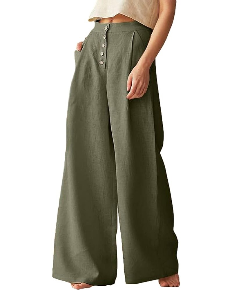 Womens Casual High Waist Cotton Linen Palazoo Pants Summer Wide Leg Trousers with Pockets Green $9.53 Pants