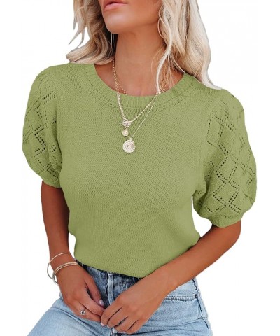 Womens Short Sleeve Sweaters Crewneck Knit Pullover Tops 2024 Spring Casual Lightweight Crochet Blouse Shirt Green $18.00 Swe...