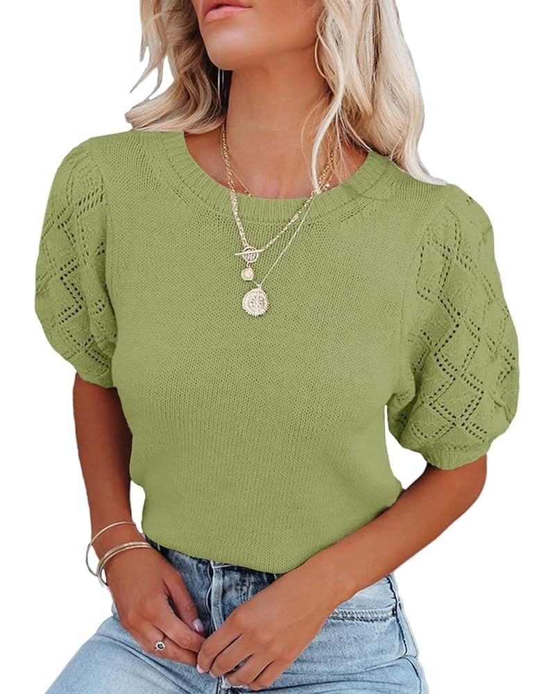 Womens Short Sleeve Sweaters Crewneck Knit Pullover Tops 2024 Spring Casual Lightweight Crochet Blouse Shirt Green $18.00 Swe...