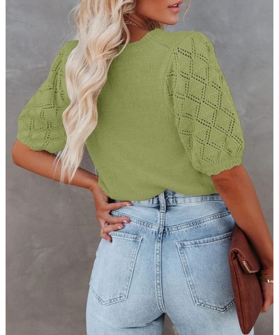 Womens Short Sleeve Sweaters Crewneck Knit Pullover Tops 2024 Spring Casual Lightweight Crochet Blouse Shirt Green $18.00 Swe...