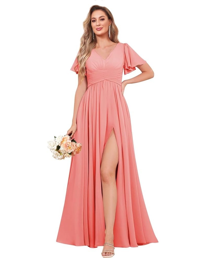 Women's Ruffle Sleeve Bridesmaid Dresses Long Slit Ruched Chiffon Evening Formal Dresses with Pockets Coral $32.44 Dresses