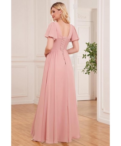 Women's Ruffle Sleeve Bridesmaid Dresses Long Slit Ruched Chiffon Evening Formal Dresses with Pockets Coral $32.44 Dresses