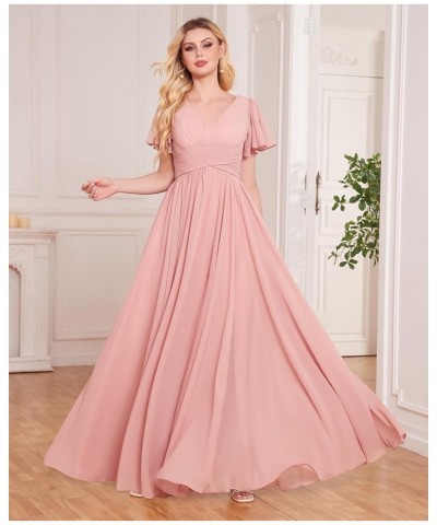 Women's Ruffle Sleeve Bridesmaid Dresses Long Slit Ruched Chiffon Evening Formal Dresses with Pockets Coral $32.44 Dresses