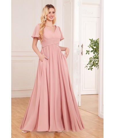 Women's Ruffle Sleeve Bridesmaid Dresses Long Slit Ruched Chiffon Evening Formal Dresses with Pockets Coral $32.44 Dresses