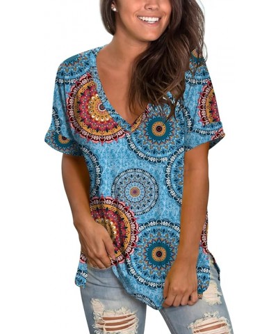 Women's V Neck T Shirts Casual Rolled Short Sleeve Side Split Summer Tops Loose Fit 04a-blue Print $17.99 T-Shirts