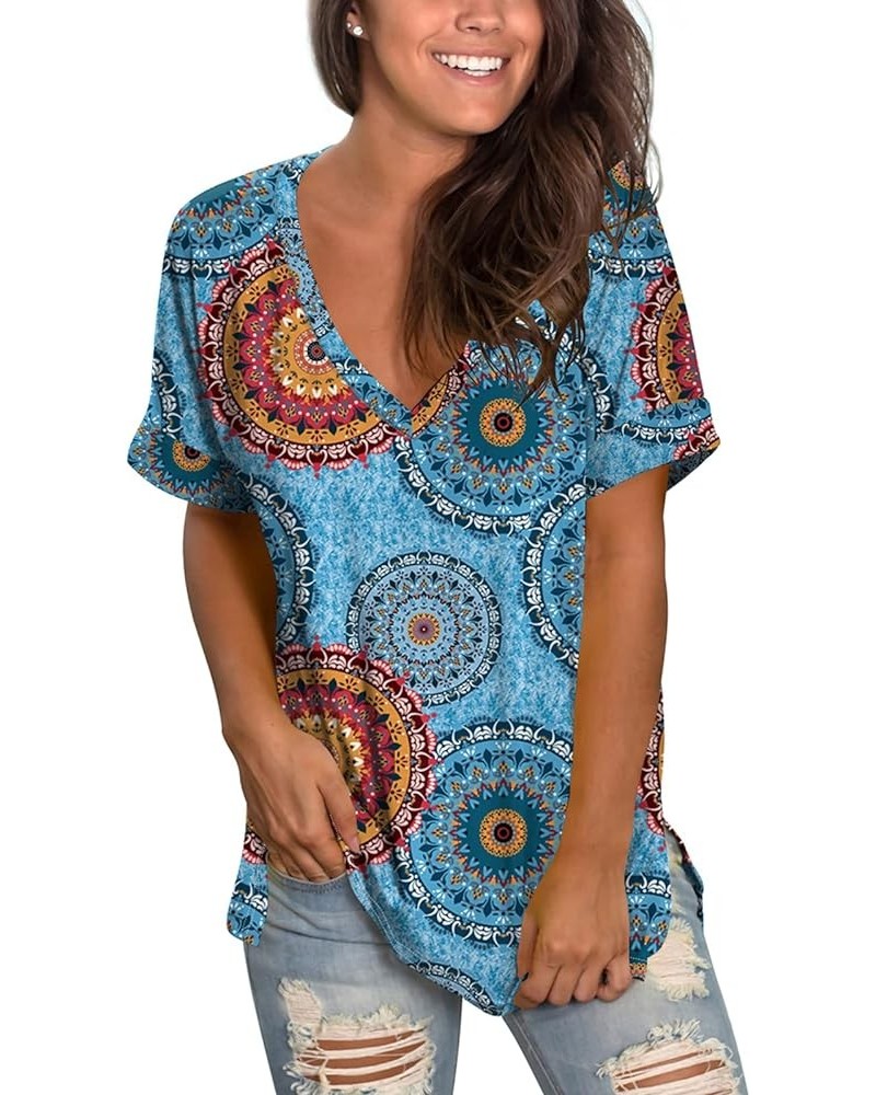 Women's V Neck T Shirts Casual Rolled Short Sleeve Side Split Summer Tops Loose Fit 04a-blue Print $17.99 T-Shirts