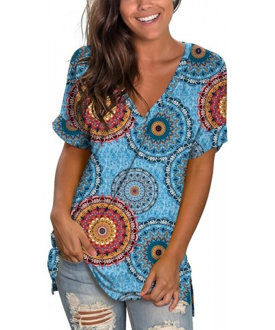 Women's V Neck T Shirts Casual Rolled Short Sleeve Side Split Summer Tops Loose Fit 04a-blue Print $17.99 T-Shirts