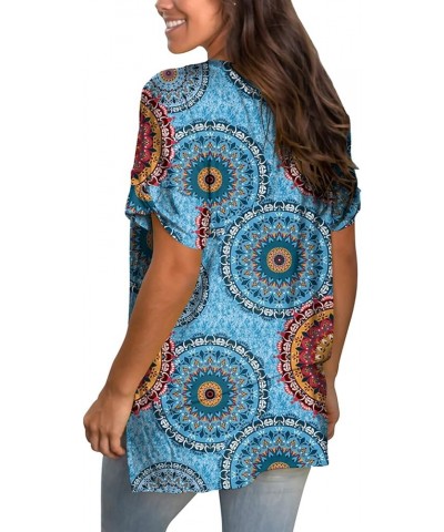 Women's V Neck T Shirts Casual Rolled Short Sleeve Side Split Summer Tops Loose Fit 04a-blue Print $17.99 T-Shirts